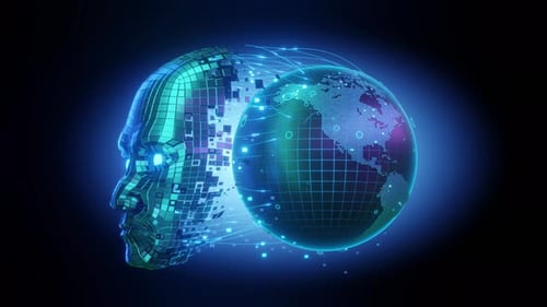 Futuristic Digital AI Head Connecting with Global Network