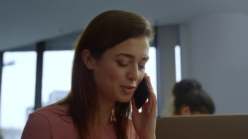 Business Woman Call Phone at Office Workplace. Happy Businesswoman Having Mobile Phone