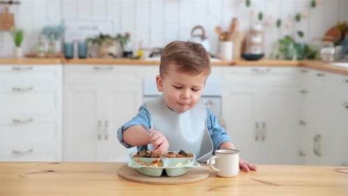 Young Boy Eats Lunch at Kitchen Table