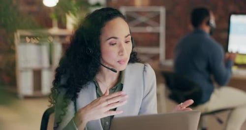 Crm, call center communication or woman speaking or talking in communications company at night