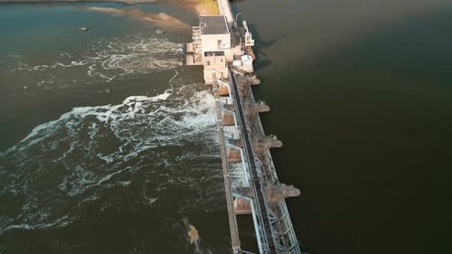 Dam with Flowing Water on River Drone Above Wide View