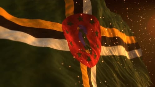Realistic Waving Flag of Dominica with Golden Particles