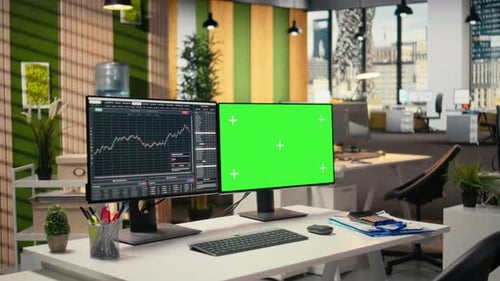 Stock Market Metrics Visualization Displayed on Green Screen PC
