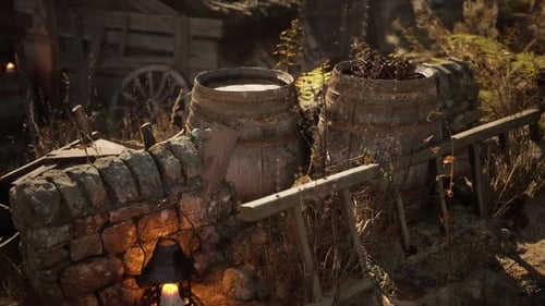Rustic Outdoor Scene with Barrels and Stone Wall