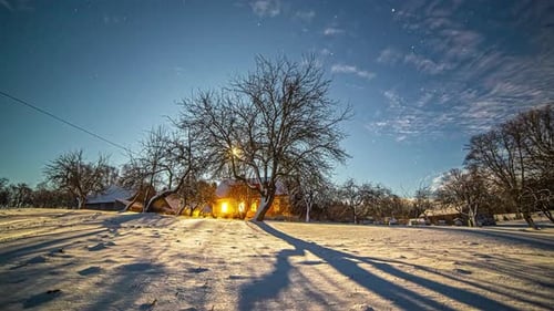 Timelapse of sunrays filtering through tree branches with illuminated house in background in snowy l