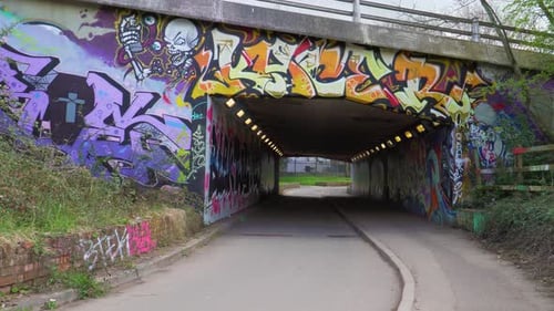 4K na frente de um túnel cheio de pinturas de grafite em Taunton Somerset, 30 fps.