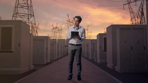 Asian Male Worker Use Tablet And Looking around with Electrical Energy
