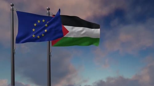 Waving European Union and Palestine Flags Against Blue Sky