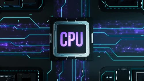 microchip labeled CPU. A city in miniature in the form of computer components and microchips.