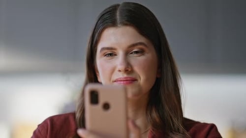 Happy Girl Browsing Internet Looking Smartphone Office Closeup Woman Chatting