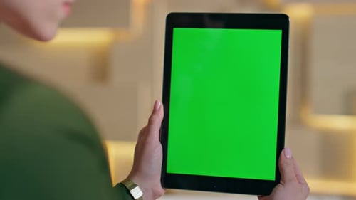 Girl Surfing Internet Chroma Key Tablet in Workplace Close Up Unknown Woman