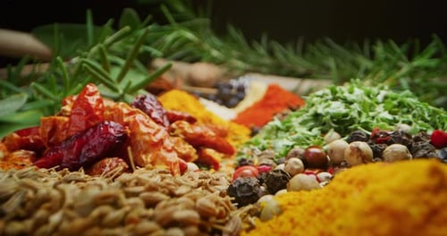 Variety of Herbs and Spices in a Close Up Shot