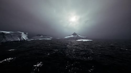 Gloomy Icy Sea Scene with Mountain Silhouette and Faint Colors