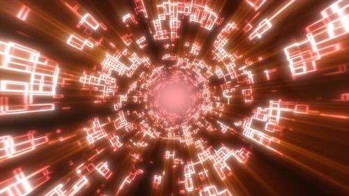 Fiery red energy tunnel with glowing geometric fragments cascading toward