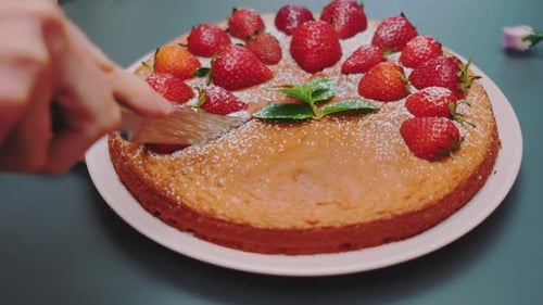 Cutting Delicious Strawberry Cake Sprinkled with Sugar