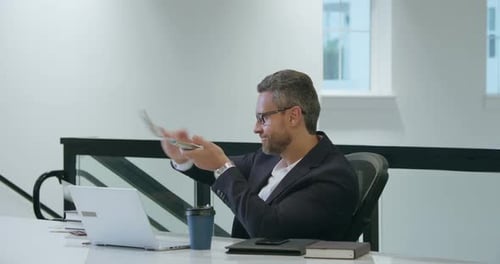 Earn Money Business Man Counting Dollars in Office Office Worker in Suit with Dollars Office