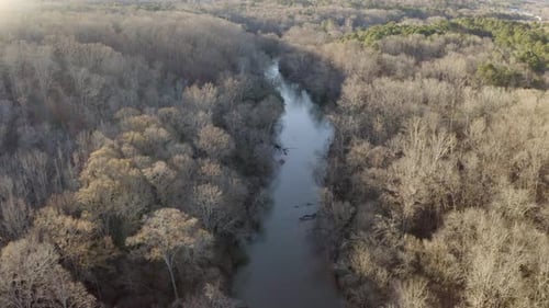 A river with dead trees at its edges - aerial view with tilt up to reveal a wider landscape