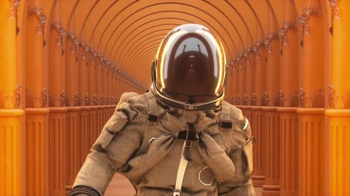 Astronaut Walking Through Futuristic Space Tunnel