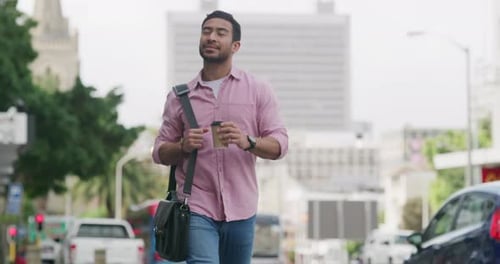 Walking, employee and man with coffee, smile and travel to work in city