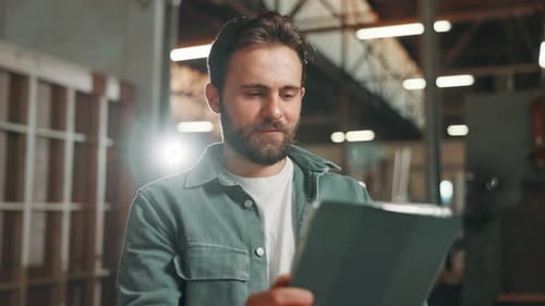 Herstellung, glücklich und Mann mit Tablet in der Werkstatt für Schreinerei, Inventar überprüfen