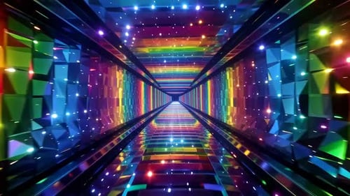 Tunnel Low Poly arc-en-ciel vibrant avec lumières incandescentes
