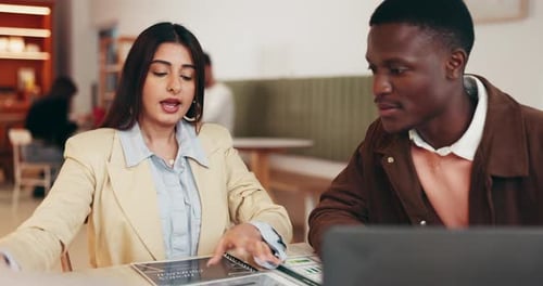 Teamwork, documents and business people in cafe, conversation and meeting with brainstorming