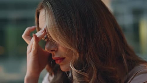 Night Employee Rubbing Eyes Feeling Strain Closeup Exhausted Businesswoman