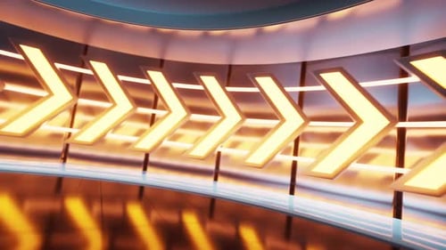 Glowing neon arrow in the futuristic room