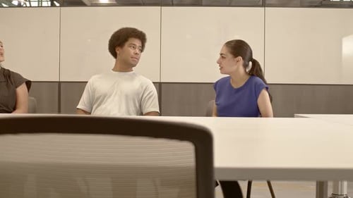 African American male, Arab American female and caucasian female in their 20's in a meeting with vid