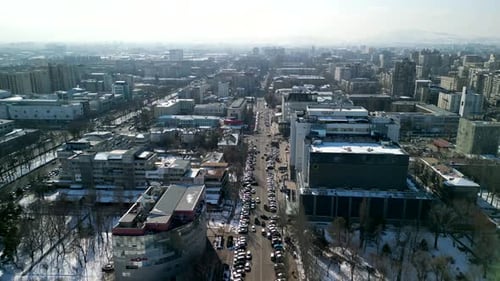 Busy streets of Bishkek city during winter time