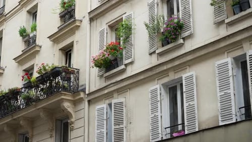 Parisian apartment building facade features windows with open wooden shutters
