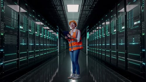 Full Body Of Asian Female Engineer Looking At The Tablet In Her Hand in Data Center