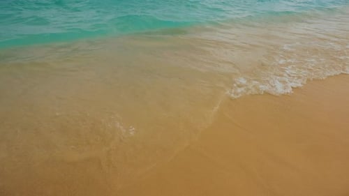 Clear ocean water with sea foam gently rolls over the yellow sand. Quiet ocean surf in bright colors