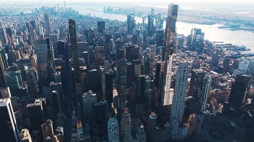 Aerial View of Brooklyn Neighborhood and Manhattan Skyline