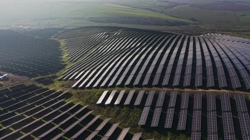 Solar panels generate energy in a large field during daylight