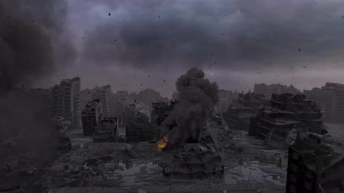 Destroyed city after war fire and smoke, aerial view