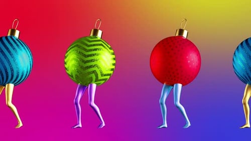 Animation amusante en boucle du Nouvel An d'ornements de boules 3D avec des jambes dansant