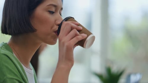 Asian Woman Sipping Coffee at Day Office Closeup Programmers Working Computers
