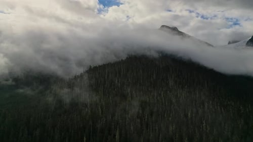 Aerial view of forest and cloud-covered peaks, Canada.