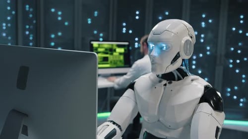 Futuristic Data Center Automated AI Cybernetic White Robot Keyboarding Using Computer Webhosting and