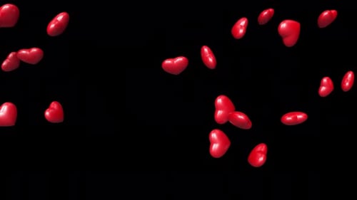 Rain of 3d red hearts falling slow on alpha channel. Love, valentine day. Wedding background, loop