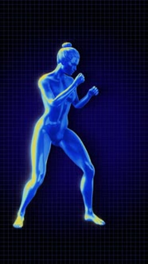 Futuristic Female Boxer Training with Glowing Muscle Activation