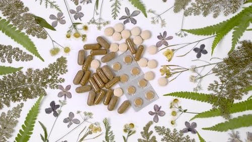 Herbal supplements and dried medicinal herbs rotating slow motion, top view. Herbal medicine
