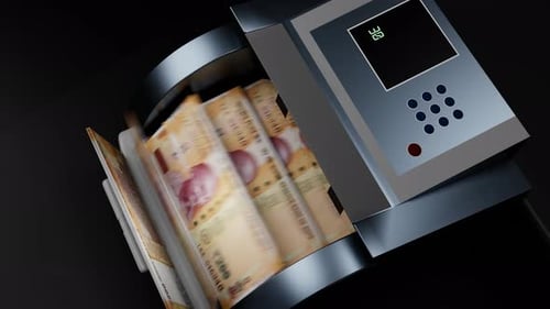 Billetes de 200 rupias indias en cajero automático.