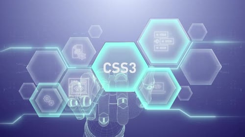 Futuristic Robotic Hand Interacting with Holographic Tech Icons