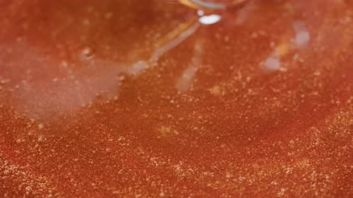 Close Up of Boiling Sugar with Bubbles Turns Into Caramel Caramelization Chef Cooking Dessert in