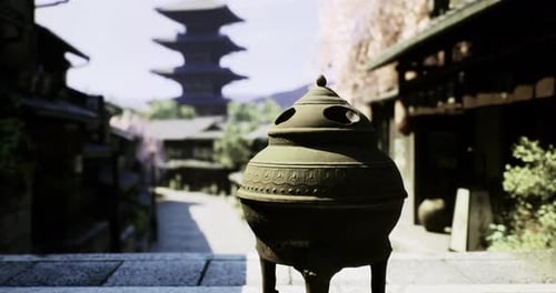 Traditional Incense Burner in a Historic Japanese Street During Spring