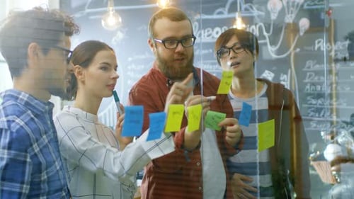 Diverse team planning project on glass wall