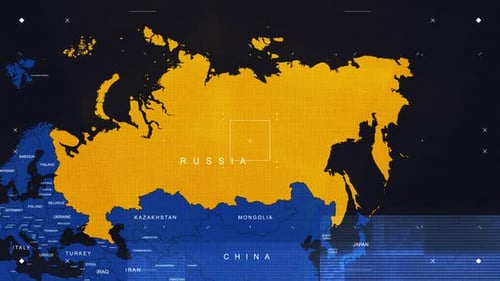 Animated Digital World Map Highlighting Russia with HUD Elements