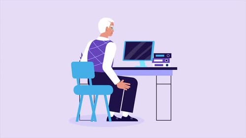 Elderly Man Using Desktop Computer Flat Design Animation